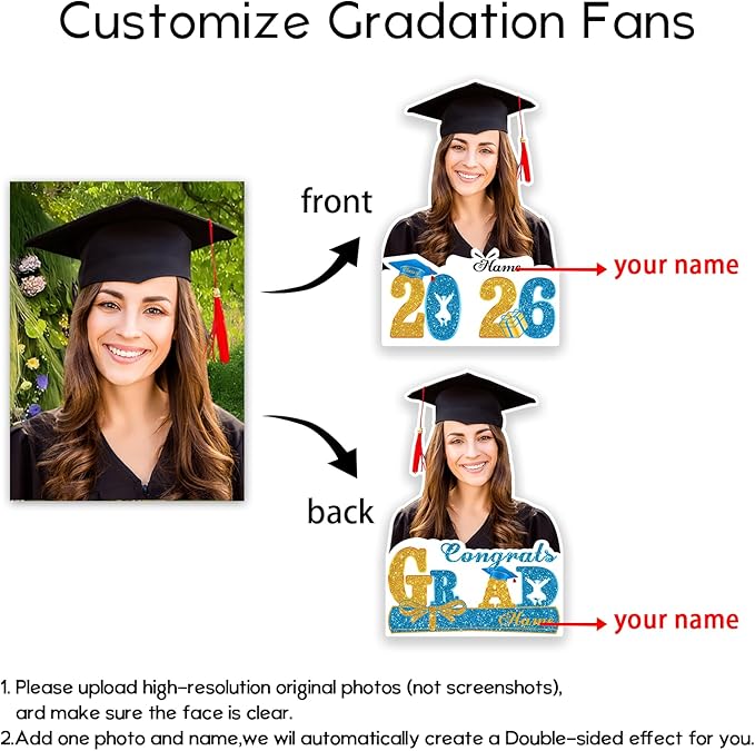 Personalized Graduation Face Fan 2026 Grade Custom Double Sided Face Cutout Fan with Handle Photo Booth Prop Party Supplies(B-Sky Blue and Gold,24pcs)