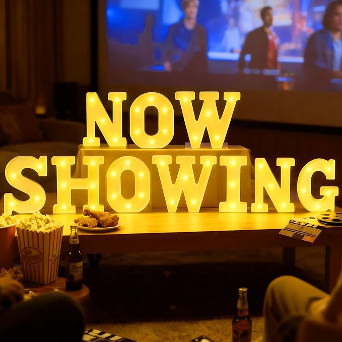 Honoson 10 Pcs Movie Night Party Decorations Now Showing Light up Sign LED Neon Sign Table Decor for Home Movie Room Film Room Camera Action Party Supplies