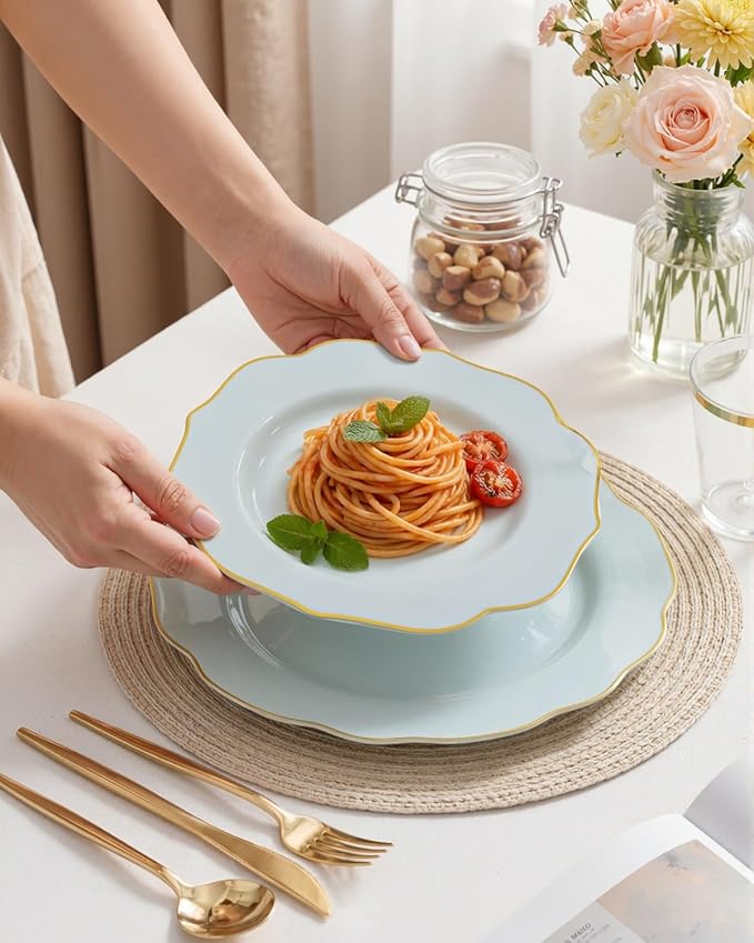 bUCLA 180PCS Green Plastic Plates - Disposable Sage Green with Gold Rim - Include 30 (Dinner & Dessert) Plates, 30 Knives, 30 Forks, 30 Spoons and 30 Cups for Party & Spring