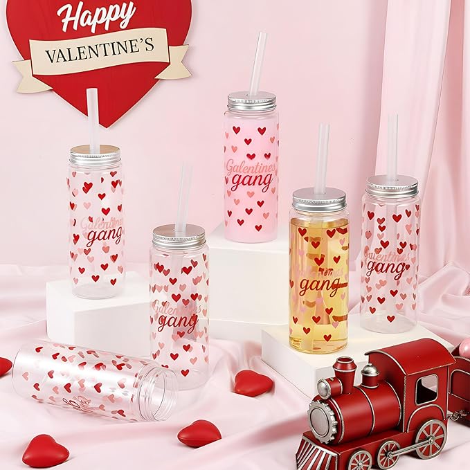 LemonRoad 24 Pcs Galentines Gang Cups Bulk 13.5 oz Reusable Valentines Day Plastic Cup Red Heart Pattern Drinking Mugs Lids and Straws Valentines Day Gifts Party Supplies for Coworker Nurses Friends