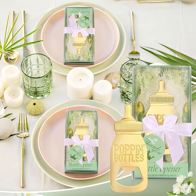 50Pcs Poppin Bottles Bottle Opener Poppin Bottles Baby Shower Favor Gold Baby Shower Bottle Openers Baby Bottle Openers Shower Favors for Guests Gender Reveal Party Wedding Decorations with Green Box