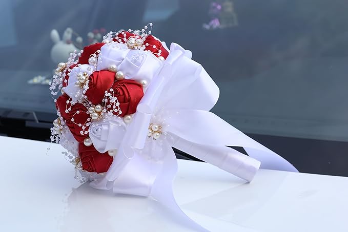Handmade Wedding Bouquets for Bride Bridesmaid Brooch Bouquet Artificial Holding Flower Tossing Bouquet for Wedding Ceremony Anniversary(red/white-19cm)