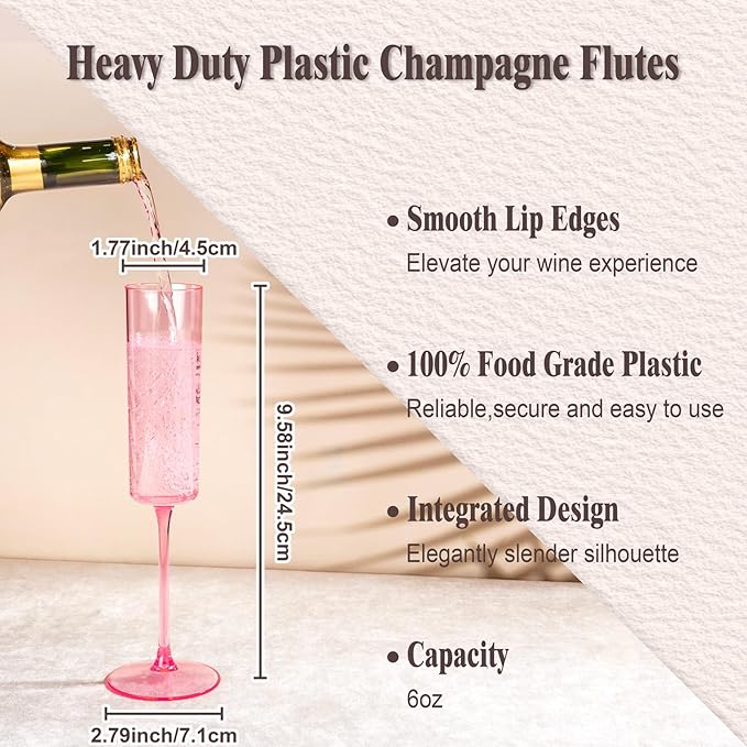 Ciaell 24 Pack Pink Plastic Champagne Flutes - Pink 6 Oz Disposable Champagne Glasses - Square Plastic Toasting Glasses for Party Birthday Anniversary Wedding & Valentine's Day