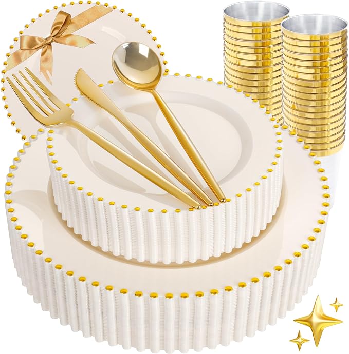 supernal 180pcs Ivory and Gold Dinnerware Set,Elegant Heavy Duty Ivory Plastic Plates with Gold Beads,Disposable Plates with Plastic Silverware and 10oz Cups for Wedding/Party/Valentine's Day