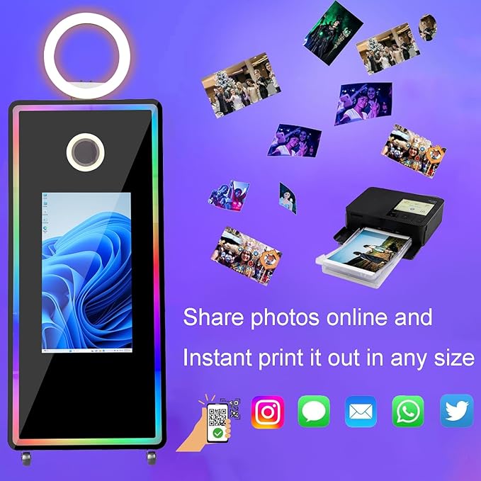 Magic Mirror Photo Booth 32-inch Interactive Touch Screen Built-in Mini PC LED Mirror Photo Booth RGB Lights Selfie Photobooth Machine for Events Wedding Party Business Rental