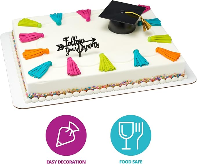 DecoPac Black Grad Cap with Tassels Cake Topper, Elegant Graduation Hat Cake Decoration, Food Safe, Pack of 12 (22422)