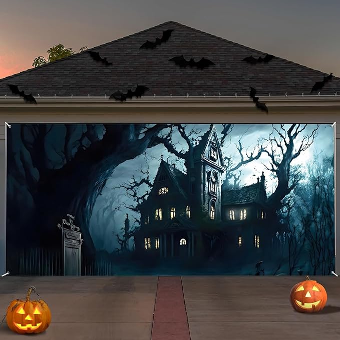 Halloween Garage Door Decorations Banner Cover Halloween Garage Wall Decorations for Outdoor Holiday Party Indoor Outdoor Decor Banner Cover 16x7ft