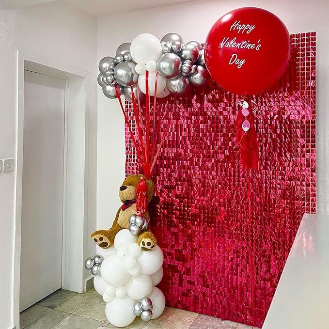 COKAOBE Red Shimmer Wall Backdrop, 24PCS Square Sequin Shimmer Backdrop Panel, Photo Backdrops for Birthday, Anniversary, Wedding, Graduation & Bachelorette Party Decoration