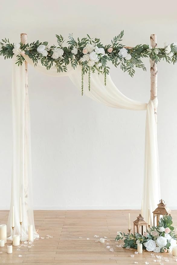 Ling's moment 9FT Spring Flower Garland for Backdrop Decorations - Wedding Arch Flowers, Eucalyptus & Rose, Artificial Floral Garland for Mantel - Sweetheart Table Decor for Reception, White & Sage