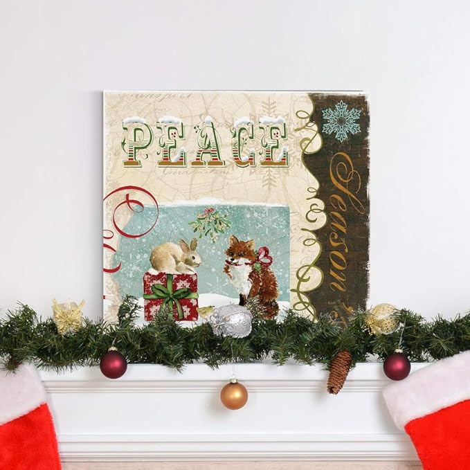 Renditions Gallery Christmas Peace Wall Art, Cute Winter Decor, Festive Rabbit, Fox, and Bird with Present, Premium Gallery Wrapped Canvas, Ready to Hang, 40 in H x 40 in W, Made in America