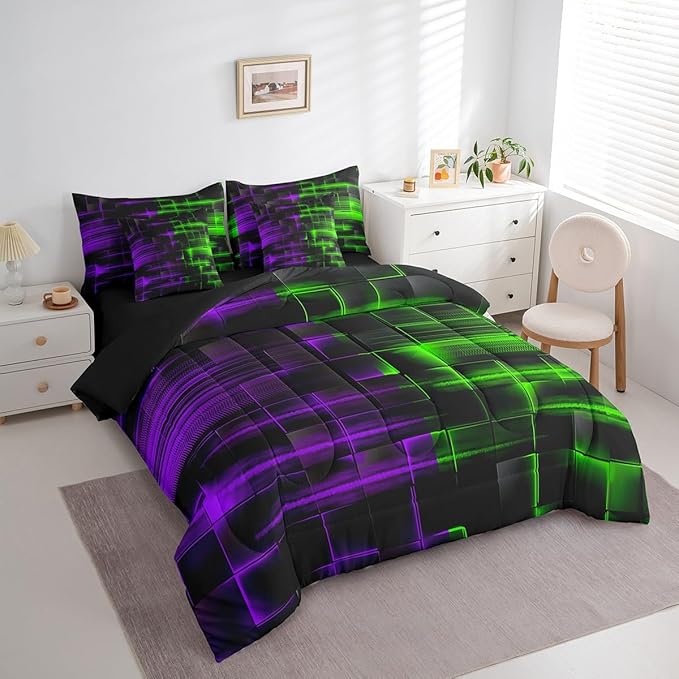 Feelyou Green and Purple Comforter Set with Sheets 7 Piece King Size Kids Geometric Bed in a Bag Strip Lines Bedding Set Abstract Art Bed Set with Comforter, Sheets,Cushion Covers