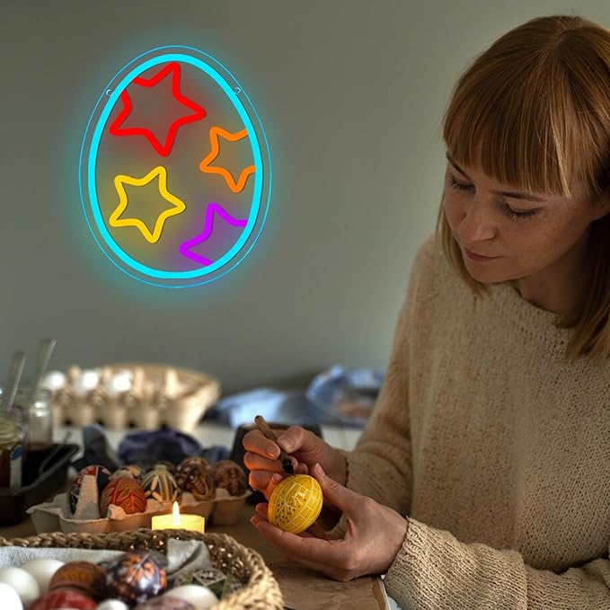 Egg Neon Light Happy Easter Decor - Dimmable Colorful Easter Egg Neon Light, LED Neon Sign USB Power for Bedroom Party Study Baby Man Cave Gift(9 * 11.8in)
