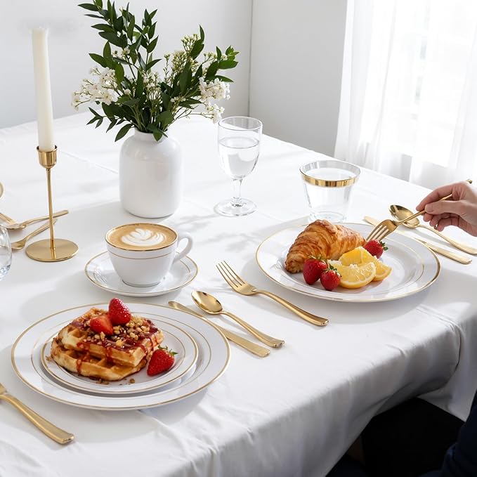 350Piece Gold Dinnerware Set for 50 Guests - Gold Plastic Plates with Disposable Cutlery Include:50Dinner Plates-50Dessert Plates-50Pre Rolled Napkins with Silverware for Valentine’s Day