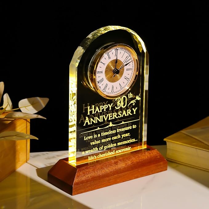 YWHL 30th Wedding Anniversary Clock Gifts for Couple, 30 Years Anniversary Glass Gift for Wife Husband, Table Clock Glass Presents with Wooden Light Base for HomeDecoration (Battery not Included)