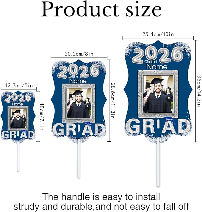 Personalized Graduation Double Sided Face Fan Class of 2026 Customized Graduation Head Face Cutout with Handle Fun Photo Prop Supplies(A-Blue and Silver,24pcs)