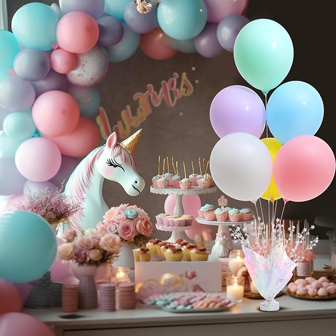 6 Set Pastel Birthday Decorations Rainbow Party Table Balloons Centerpiece Stand Kit for Girls Baby Shower Birthday Party Wedding Graduation Prom Unicorn Theme Table Decorations