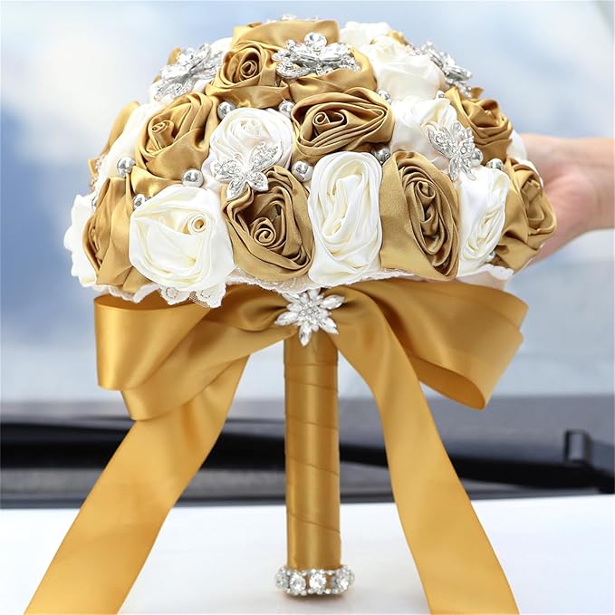 Bridal Wedding Bouquet for Bride Bridesmaid Wedding Quinceanera Throw Toss Artificial Rose Flower Bunch with Bling Brooch (AS#Gold Ivory, Large (Dia. 9.8"/24cm))