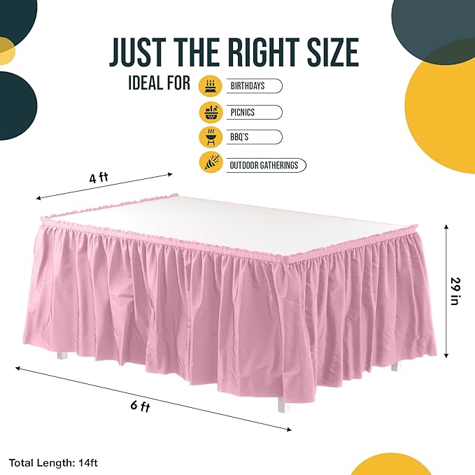 Exquisite Ruffle Table Skirt Pink Pack Of 12, 14 Ft Long Table Skirts for Rectangle Tables 6ft Plus or Round Tables Skirts with Adhesive Strip for Gender Reveal Decor & Happy Birthday Parties