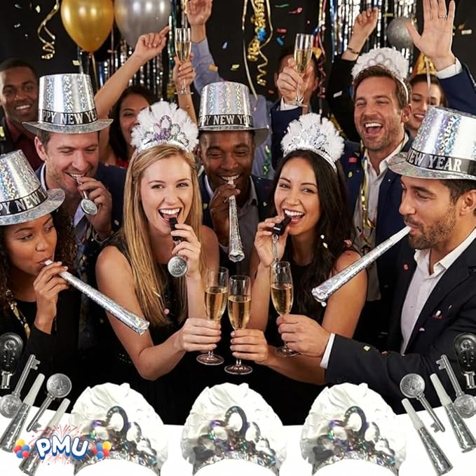 PMU New Year's Eve Party Supplies 2026 Sterling Party Kit Assortment for 50 Persons - New Year's Eve Decorations Supplies, Outfits for Adults, Men and Women (50/psn) Pkg/1