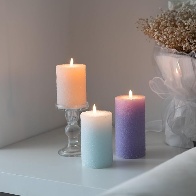 MOZEAL Hand-Poured Granular Texture Decorative Lavnder Pillar Candles Set of 3 (3"x4", 5", 6"),Approx 300 Hours Burn Time Dripless, Unscented, Smokeless, Spring Party Decor Candle Lover Gift