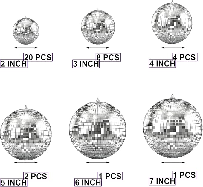 The Dreidel Company Mirror Disco Ball 36-Pack Variety of Sizes, Silver Hanging Ball with Attached String for Ring, Reflects Light, Fun Party Home Bands Decorations