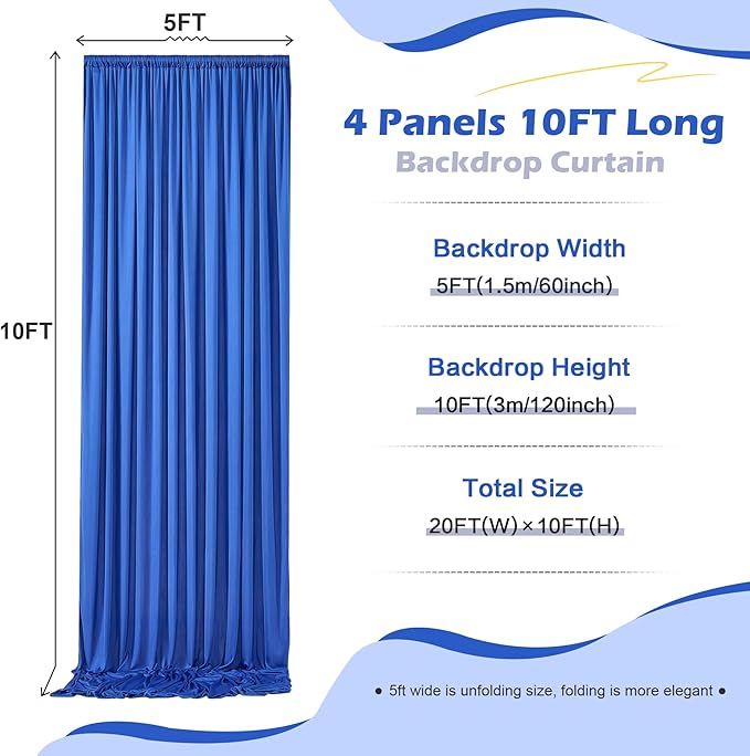 20ft×10ft Wrinkle Free Royal Blue Backdrop Curtain for Parties, 4 Panels 5×10ft Soft Silky Polyester Blue Photo Backdrop Drapes for Boss Baby Birthday Party Wedding Photography Background Cloth