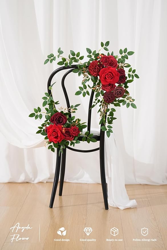 2pcs Burgundy & Red Deluxe Welcome Sign Artificial Flowers Wedding Backdrop Garland Hanging Floral Arrangements for Ceremony Reception Entryway Board Sweetheart Table