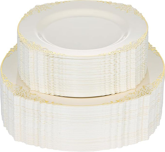 200 PCS Ivory and Gold Plastic Plates for 100 Guests, Gold Disposable Plates Include 100 PCS Dinner Plates, 100 PCS Dessert Plates for Party, Wedding and Graduation (200, Ivory White)