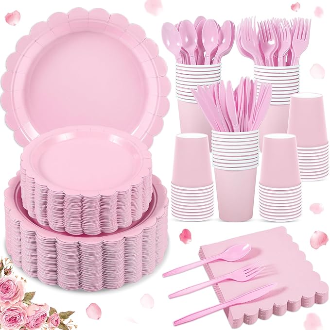 350 Pcs Pink Paper Plates and Napkins, Light Pink Party Supplies Include Valentines Plates Napkins Cups Plastic Spoons Forks Knives for Valentines day, Baby Bridal Shower, Wedding, Birthday
