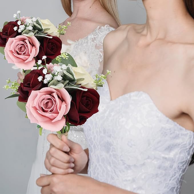 Set of 4 Artificial Bridesmaid Bouquets Blush & Burgundy -7 Inch Silk Rose Wedding Flower Bouquets for Bridesmaid Holding Flowers , Bridal Shower, Wedding Centerpiece Ceremony and Anniversary