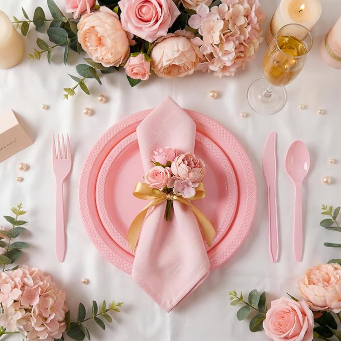 MirthMood 350pcs Pink Plates Disposable Including Pink Plastic Plates, 12OZ Cups, Plastic Cutlery and Napkins Serve 50 Guests for Spring Wedding,Birthday Party Dinner,Valentine's Day