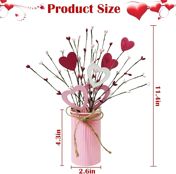 TORONTOKYO Valentines Day Decor, 6 Pack Valentine's Day Artificial Potted Plant Heart Shaped Valentines Day Picks with Berries Metal Pot for Home Office Table Centerpiece Decor