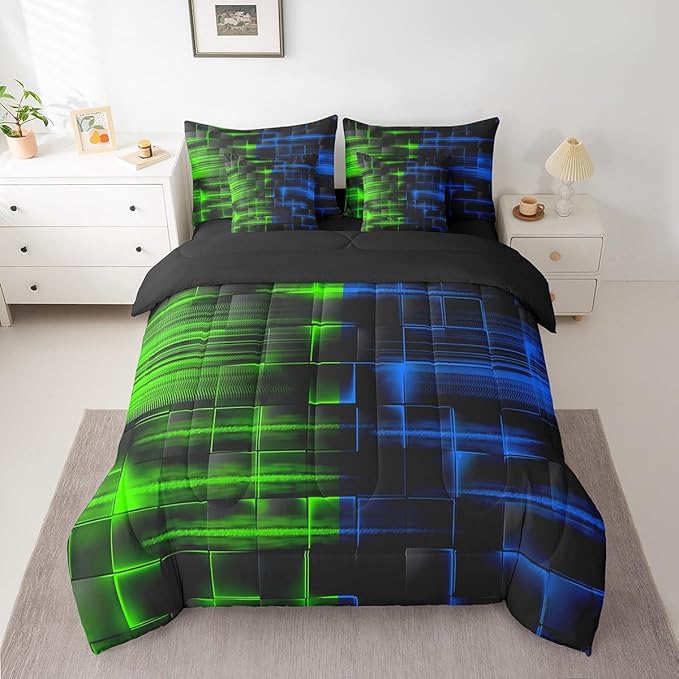 Feelyou Green Blue Bedding Set Full Size Boys Girls Geometric Strip Lines Comforter Set with Sheets 7 Piece for Bed in a Bag Abstract Modern Bed Set with Comforter,Sheets,Pillowcases