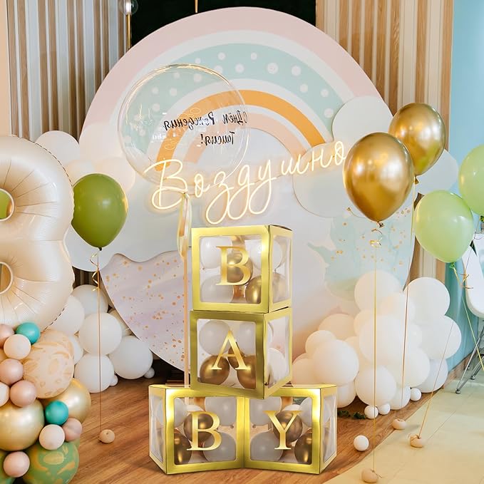 Thyle 12 Pcs Transparent Balloon Boxes Clear Balloon Boxes with 99 Letters for Baby Shower Gender Reveal Grad Birthday Party Bridal Wedding Anniversary Backdrop Decoration (Gold)