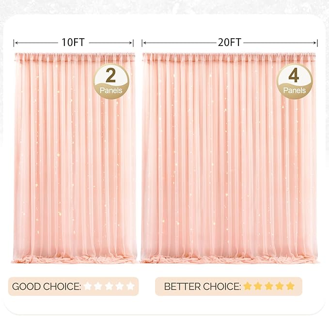 20x10ft Peach Tulle Backdrop Curtain with Lights String for Parites, Sheer Photo Backdrop Curtains with Lights for Wedding Backdrop Ceremony Reception Bridal Shower Baby Shower Birthday Party