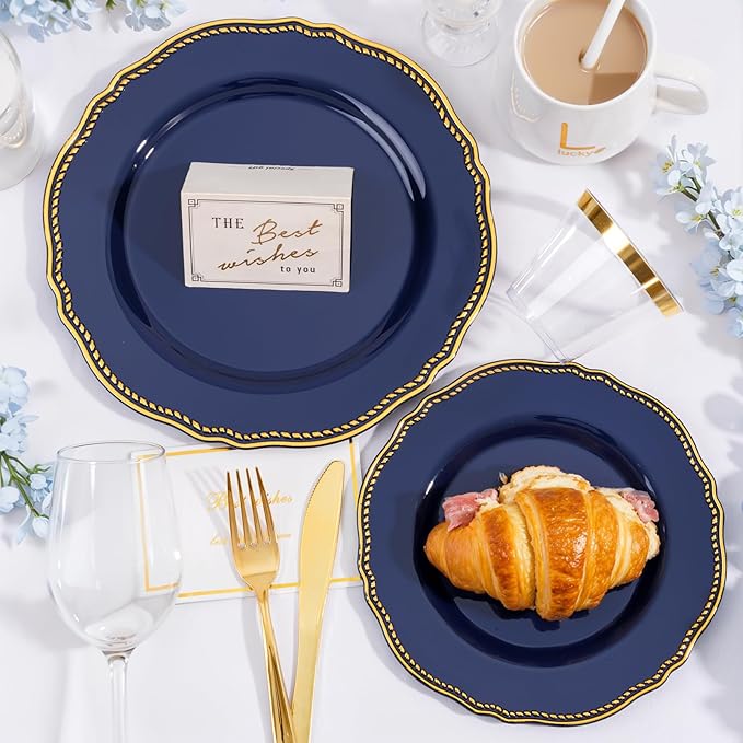Hioasis 350pcs Blue and gold Plastic Plates - Blue Plastic Dinnerware Set Includes 50 Dinner Plates, 50 Dessert Dinnerware, 50 Cups, 50 Rolled Napkin Cutlery Perfect for Wedding