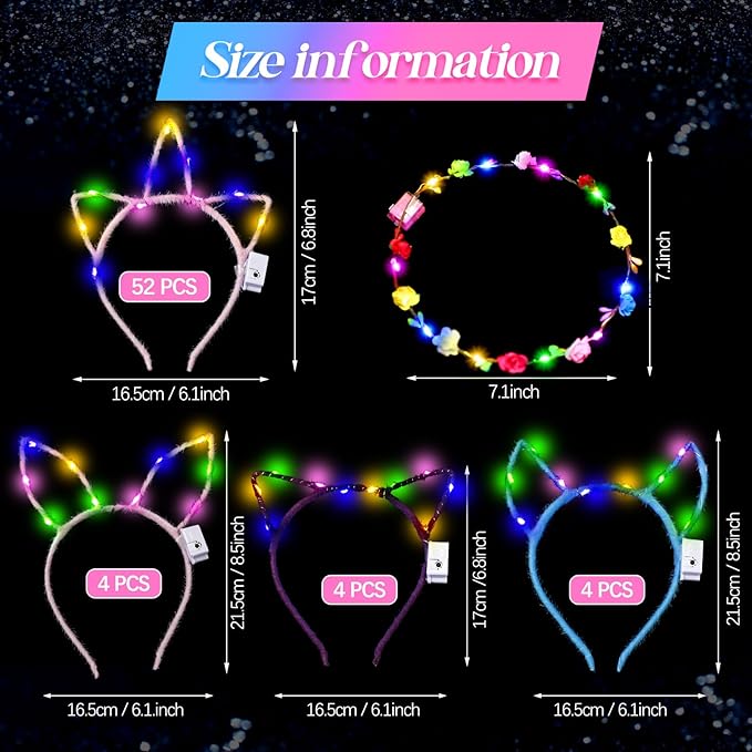 Xinnun 50 Pcs LED Unicorn Ear Headbands Bulk, Light up Cat Flower Headband Glow Crown Rabbit Ear Head Accessories for Adults Valentine's Day Mardi Gras Carnival Glow in the Dark Supplies