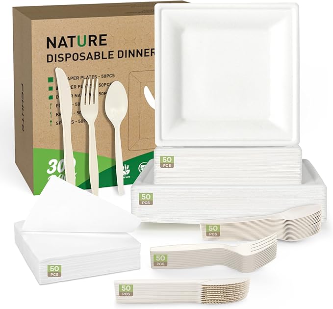 Compostable Paper Plates Set, 300PCS Disposable Heavy-Duty Plate and Utensils, Eco Friendly Biodegradable Dinnerware Kit Includes Plates, Forks, Knives, Spoons and Napkins for Party 50 People