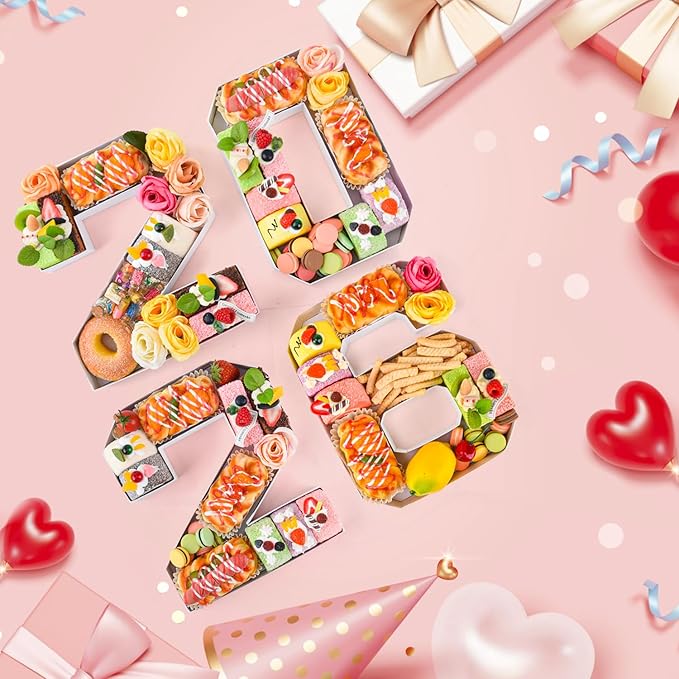 2026 Set Cardboard Number for Charcuterie 10.2'' Fillable Tray Charcuterie Paper Box for Graduation Anniversary Birthday New Year Party Decorations Chocolate Cookies Goodie Cupcake Box