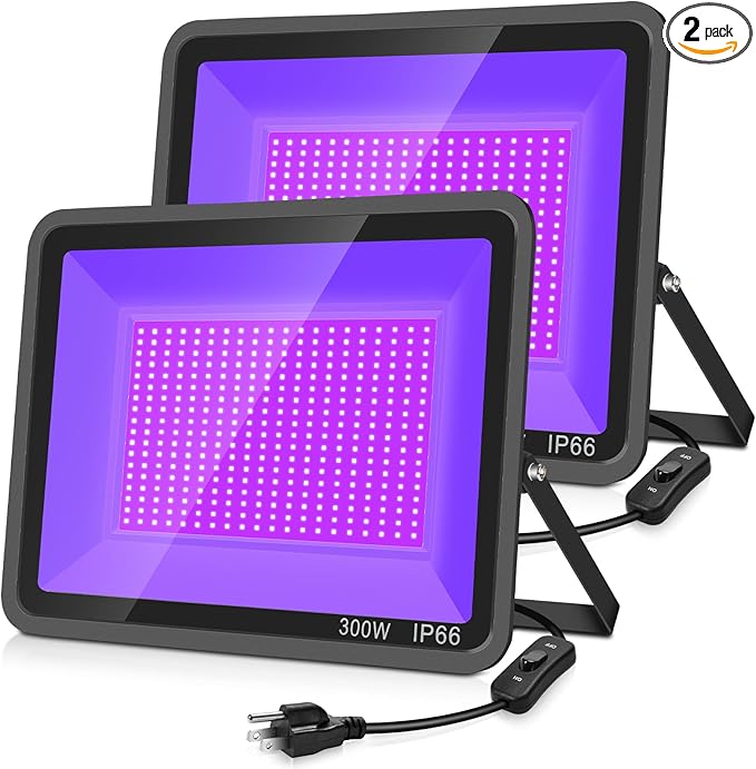 2 Pack 300W LED Black Light,Black Flood Light Outdoor with Plug and Switch, IP66 Waterproof Blacklight Flood Light Neon Glow for Glow Party, Halloween, Fluorescent Poster, Body Paint, Aquarium