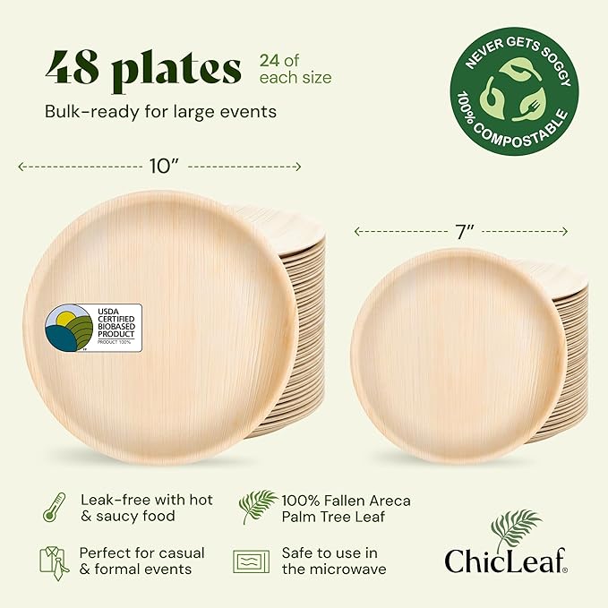 Chic Leaf Round Palm Leaf Plates - 10-Inch & 7-Inch, Pack of 48 - Compostable Disposable Bamboo Plates for Parties, Winter Cozy Dinner, Wedding & Valentines'day Romantic Candlelit Home Dining