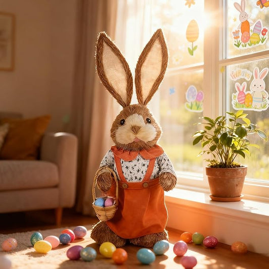 Juegoal Easter Straw Bunny Decorations, 32"(2.6FT) Extra Large Standing Mrs. Bunny Figurine, Handmade Easter Rabbit Statues, Cute Photo Props Gifts for Office Kitchen Farmhouse Spring Home