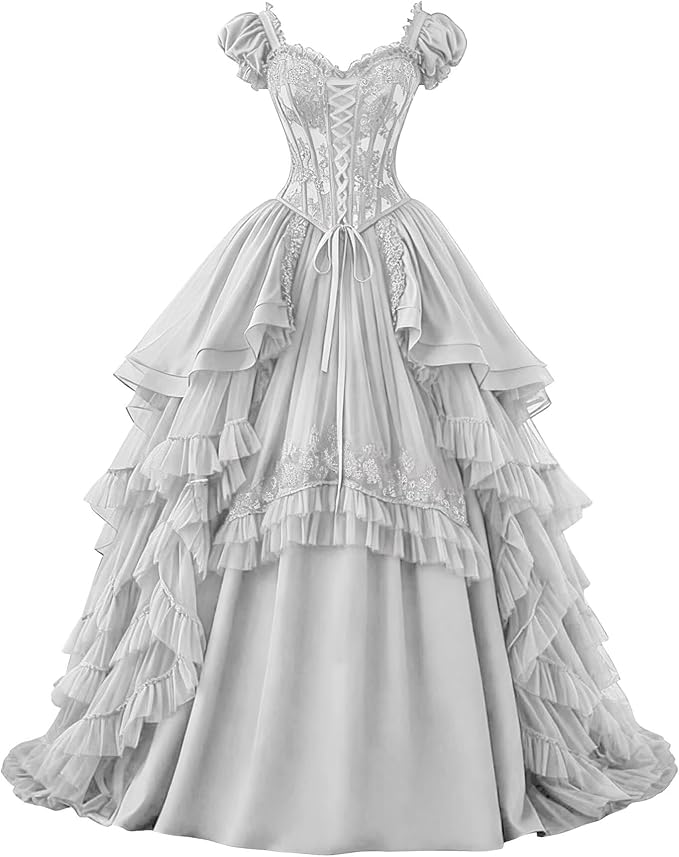 Ftupza Gothic Wedding Dresses Lace Appliques 1800s Victorian Dresses for Women Layered Tulle Prom Dress Long Ball Gown