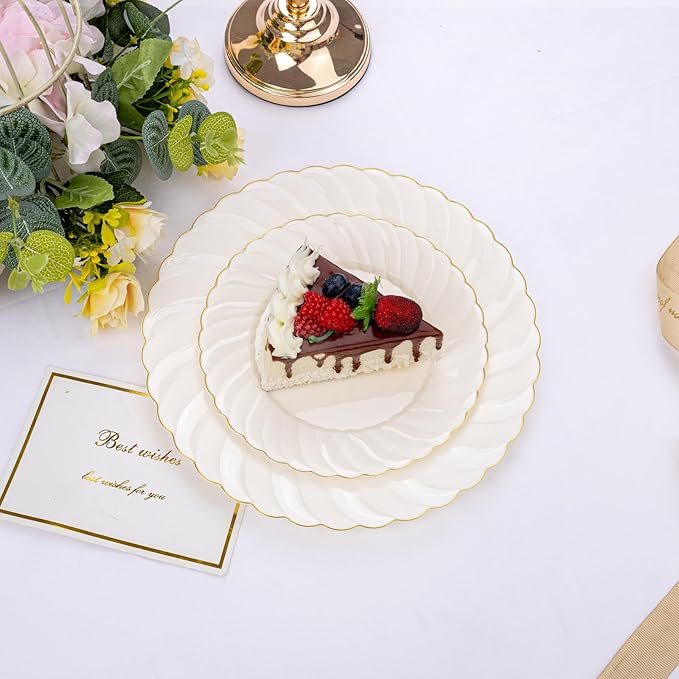 U-QE 100 Piece Ivory Scalloped Plastic Plates for Party with Gold Rim - Plastic Party Plates Disposable Heavy Duty - High End Disposable Plates Include 50pcs Dinner Plates 9"&50pcs Dessert Plates 6.5"