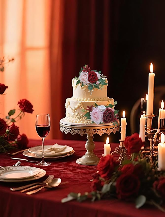 Marriwise 3Pcs Pre-made Cake Toppers Flowers, Burgundy Red Wedding Cake Decoration,Artificial Flowers Decor for Wedding Ceremony Anniversary,Birthday Party,Outdoor Forest (Burgundy Red)