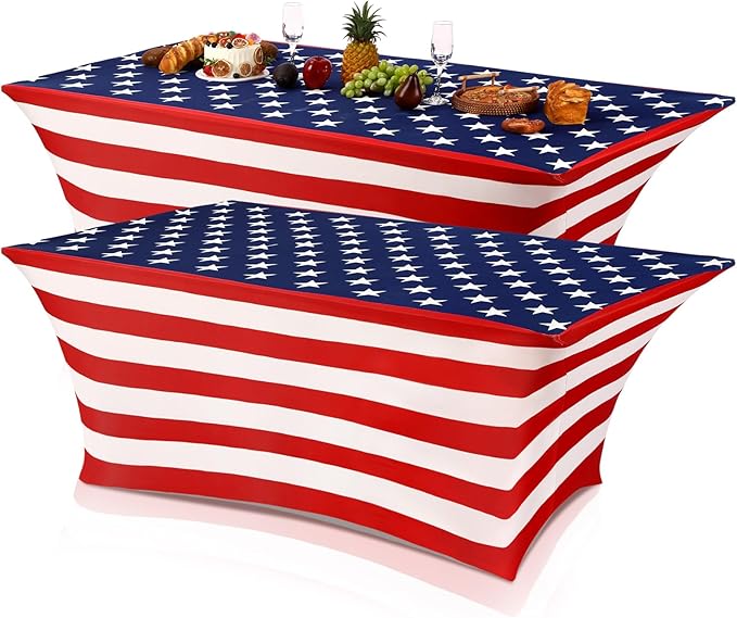Oudain 2 Pcs Memorial Day Star Stretch Table Cover 6 Feet Patriotic Red White and Blue Spandex Table Clothes American Star Party Decorations for Independence Day Veterans Events Party Celebration