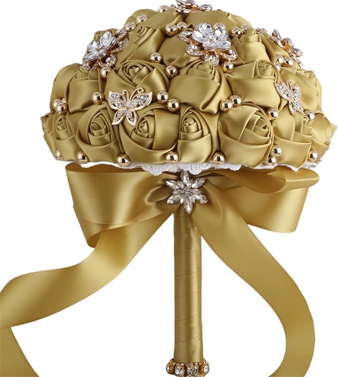 Bridal Wedding Bouquet for Bride Bridesmaid Wedding Quinceanera Throw Toss Artificial Rose Flower Bunch with Bling Brooch (66#LightGold, Medium (Dia. 8.7"/22cm))