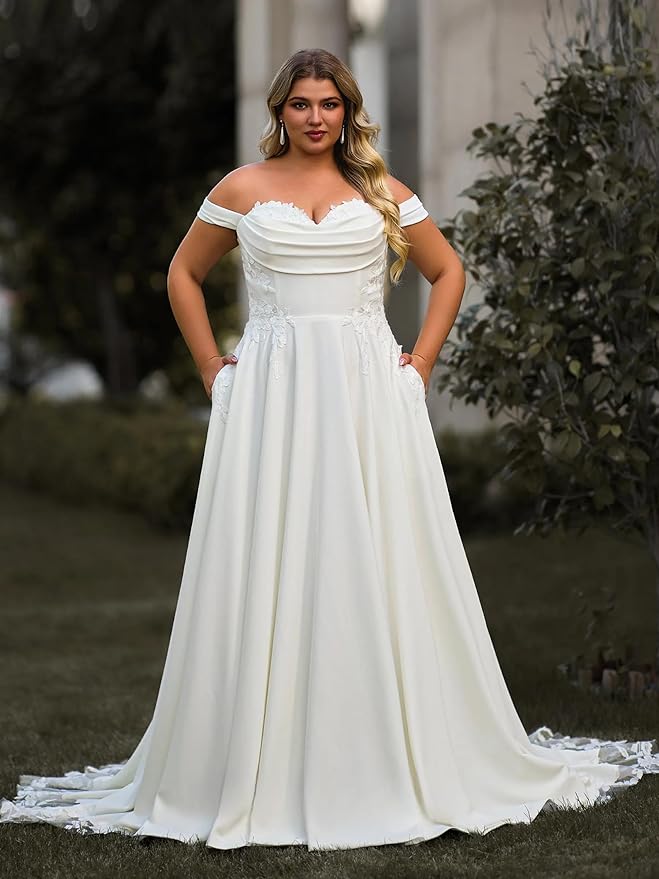 Plus Size Wedding Dresses for Bride Long Sleeve Wedding Bridal Gowns with Lace Appliques Off Shoulder Bride Dress