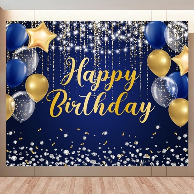 Navy Blue and Gold Happy Birthday Backdrop 10x8ft Royal Blue Birthday Banner Large Happy Background Decorations Supplies for Men Women Boys Girls