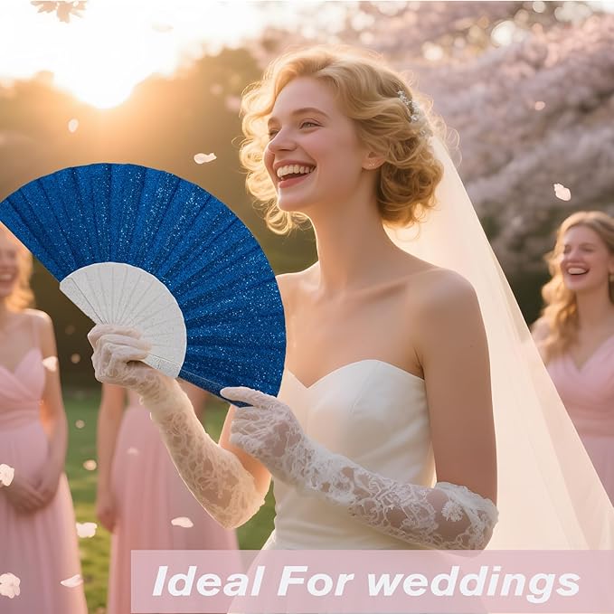 48 Pack Handheld Fan,Folding Hand Glitter fan with Shining Transparent Fan Rib – Ideal for Wedding, Church, Festival, Dance, Tea Party, Club, and EDM Accessories, Royal blue